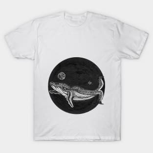 Hand inked whale with moon and northern light in the deep black ocean T-Shirt